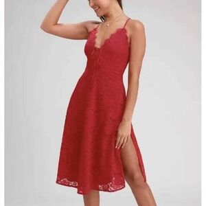 Lulus Waverly‎ Lace Slip Midi Dress Size S Red Spaghetti Straps Preppy Party